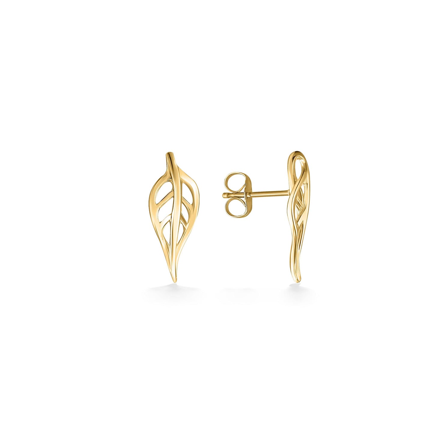 Side profile of 14K yellow gold maile stud earrings showcasing open leaf design and post backing. Item No. 44397