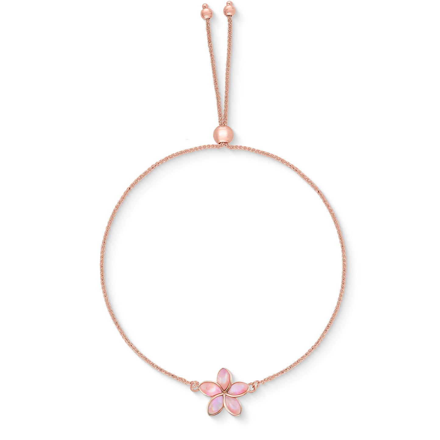 Refined 14k rose gold adjustable bolo bracelet with pink mother-of-pearl plumeria charm. Item No. 44420