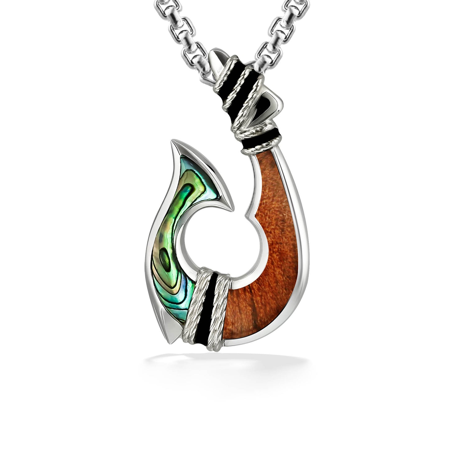 Hawaiian fish hook pendant with black enamel, koa wood and abalone inlay, made in sterling silver. Item No. 44439