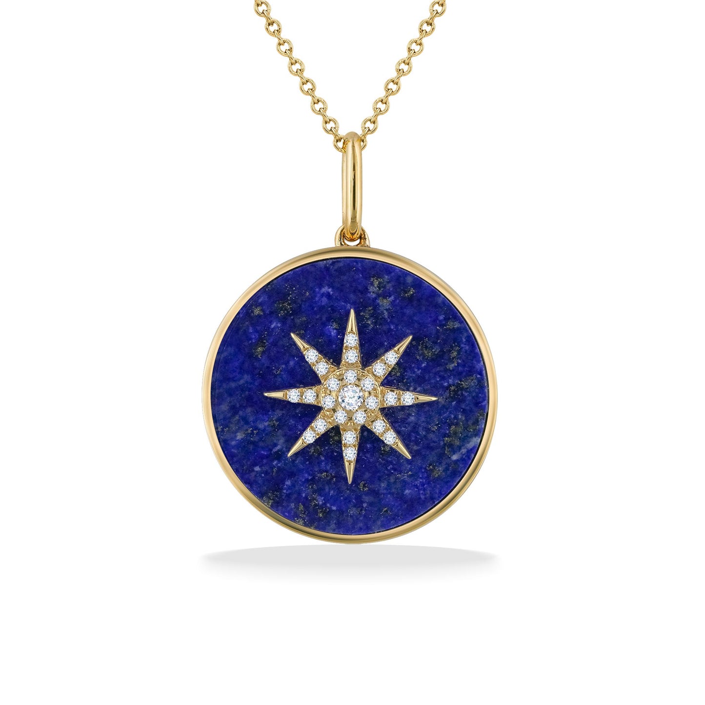 Round 14k yellow gold pendant with lapis inlay background and center diamond compass star design. Item No. 772926