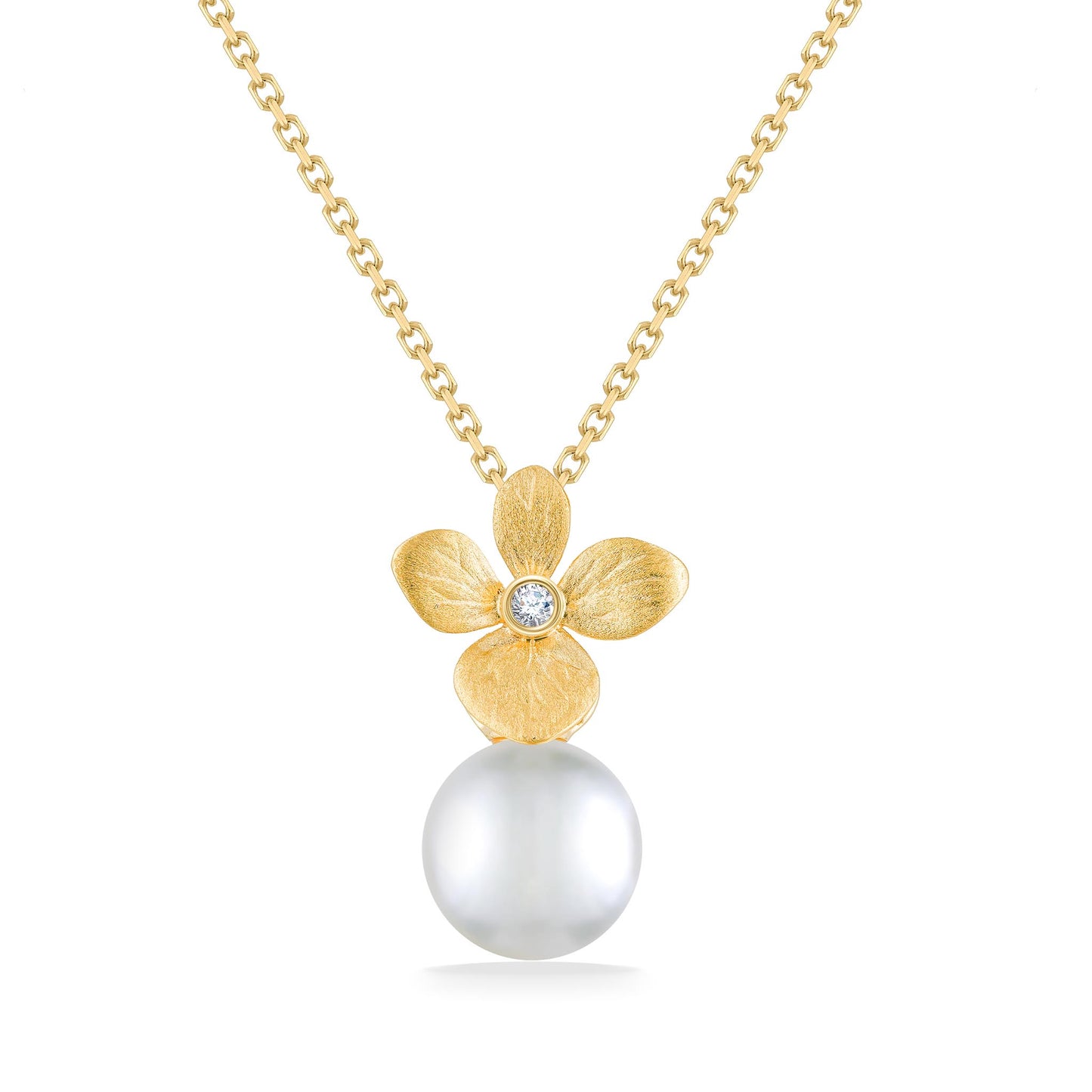 Gold hydrangea necklace with a 10mm white South Sea pearl and a small diamond on a 17-inch chain. Item No. 44434