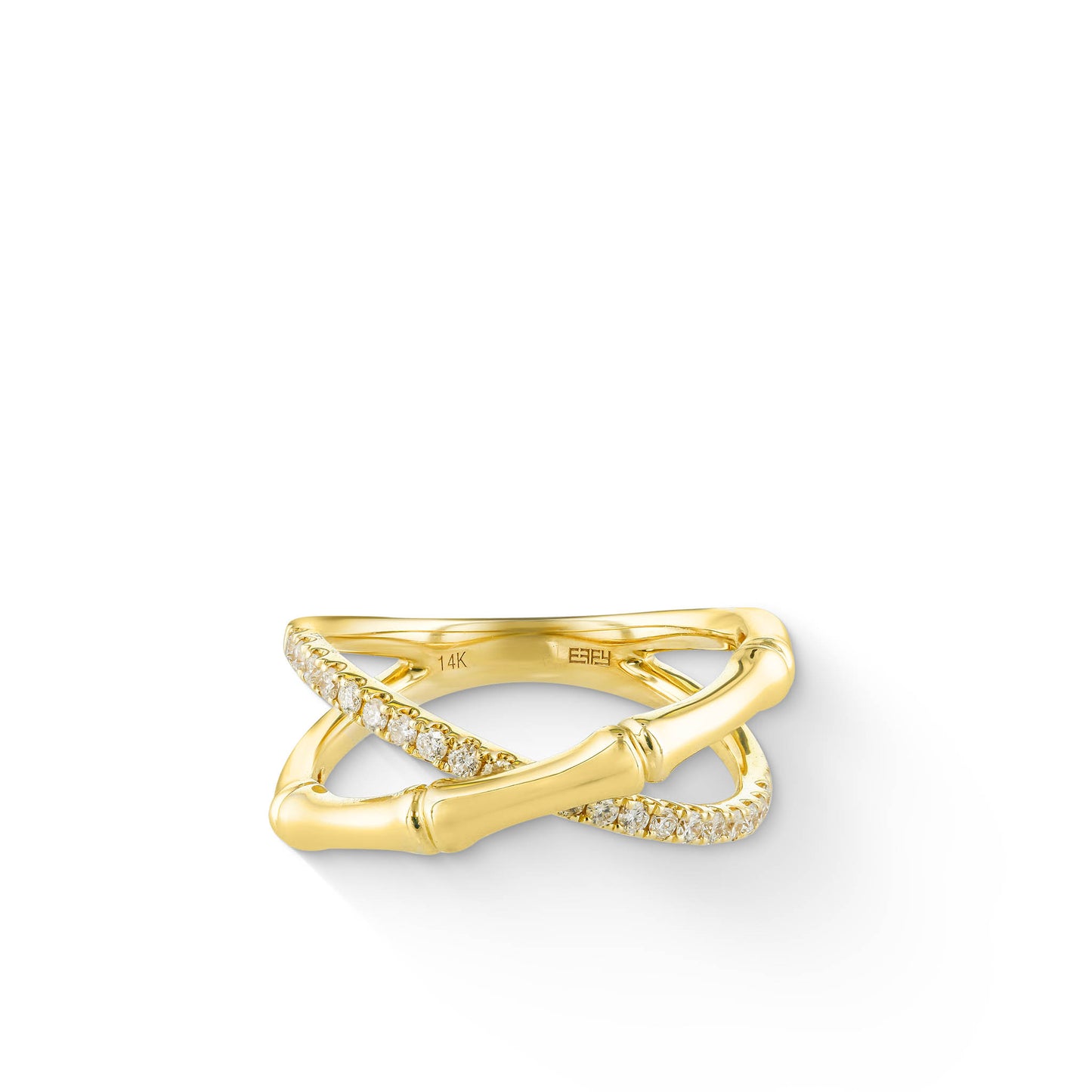 14K gold Effy Bamboo ring featuring crisscrossed bamboo-inspired bands with 0.26 carats of pavé-set diamonds. Item No. 773027