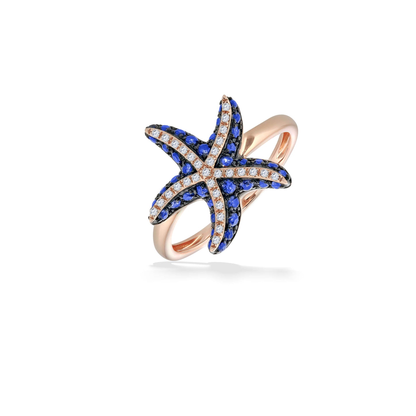 Top-down view of starfish-shaped rose gold ring with pavé-set blue sapphires and diamond-lined arms. Item No. 773052