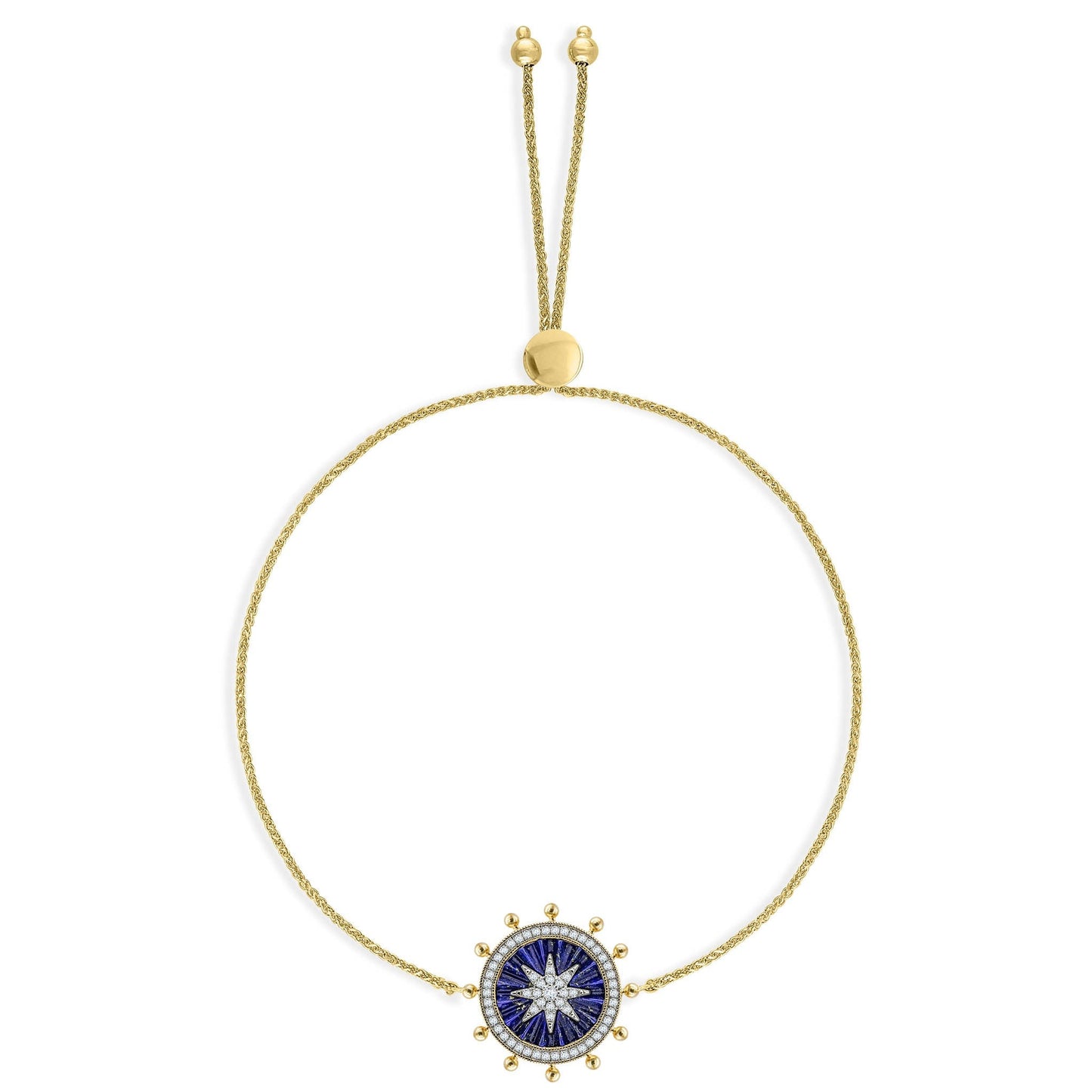 Adjustable 14k yellow gold bolo bracelet with lapis inlay compass star and diamond accents. Item No. 773080