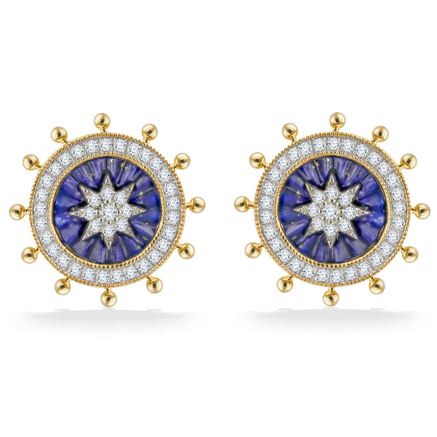 Round compass star wheel stud earrings in 14k yellow gold with lapis inlay and diamond accents. Item No. 773081