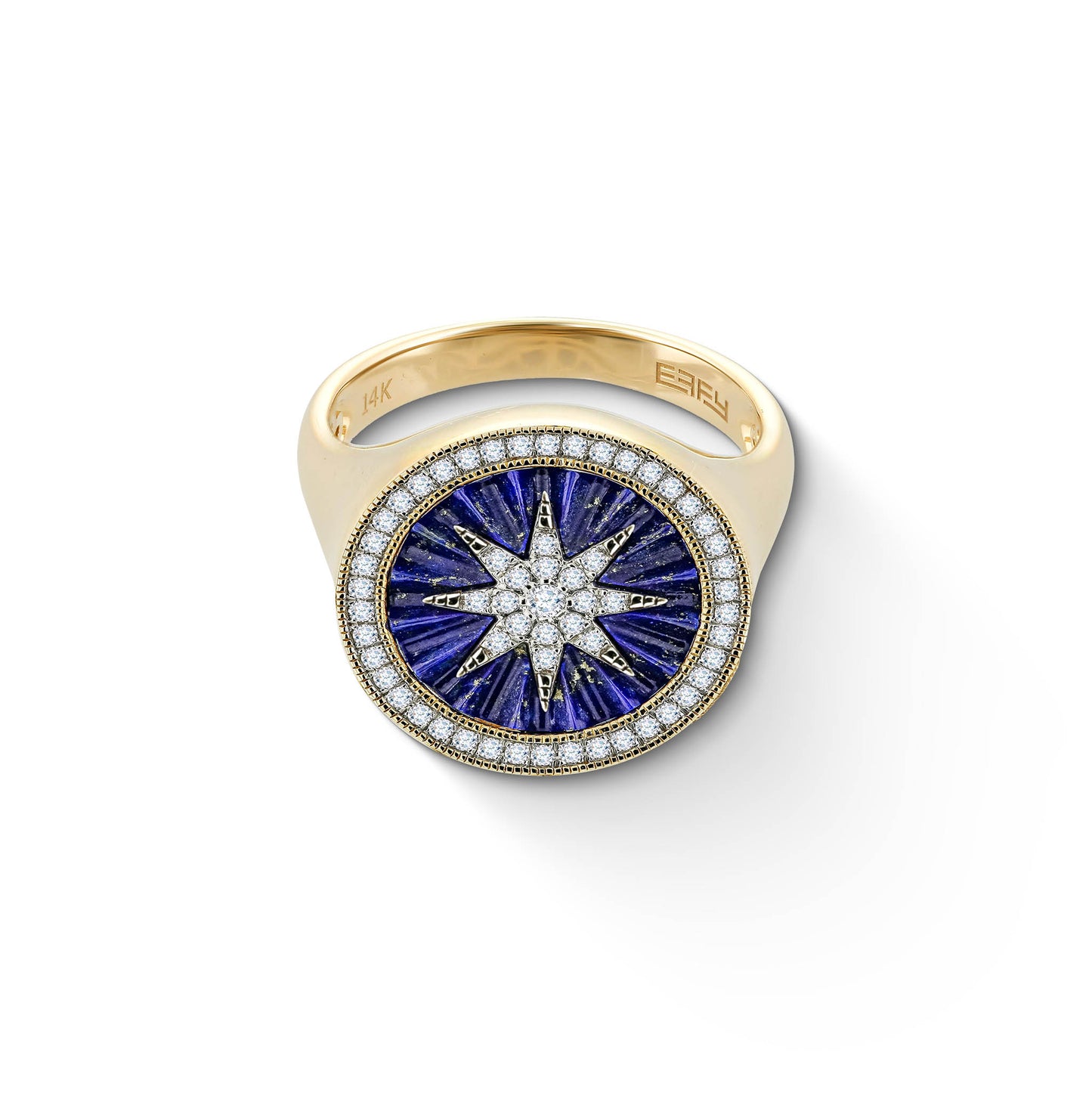 Yellow gold compass ring with blue lapis inlay within a diamond halo & center diamond star. Item No. 773082