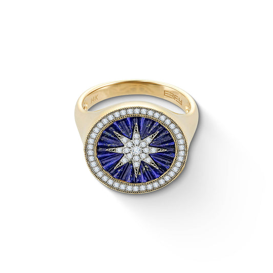Yellow gold compass ring with blue lapis inlay within a diamond halo & center diamond star. Item No. 773082