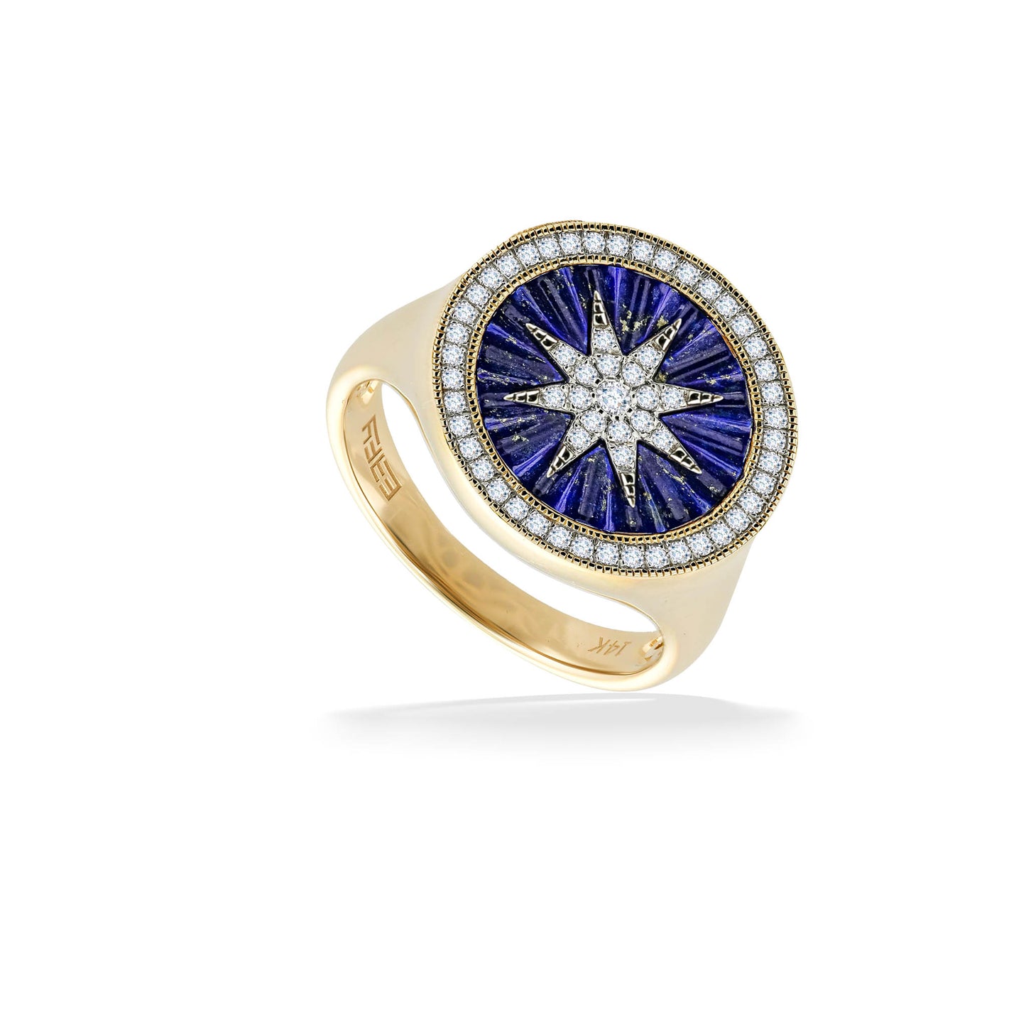 Angled view of the 14k yellow gold compass ring with lapis inlay, diamond accented halo rim and center star. Item No. 773082