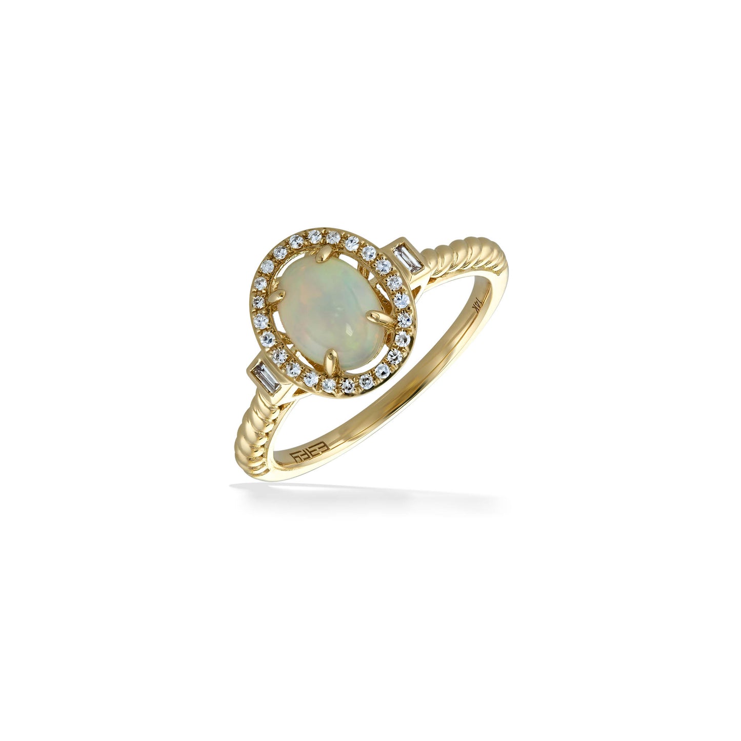 Yellow gold ring with oval opal center, diamond halo, & baguette accents on a textured band. Angled view. Item No. 891031