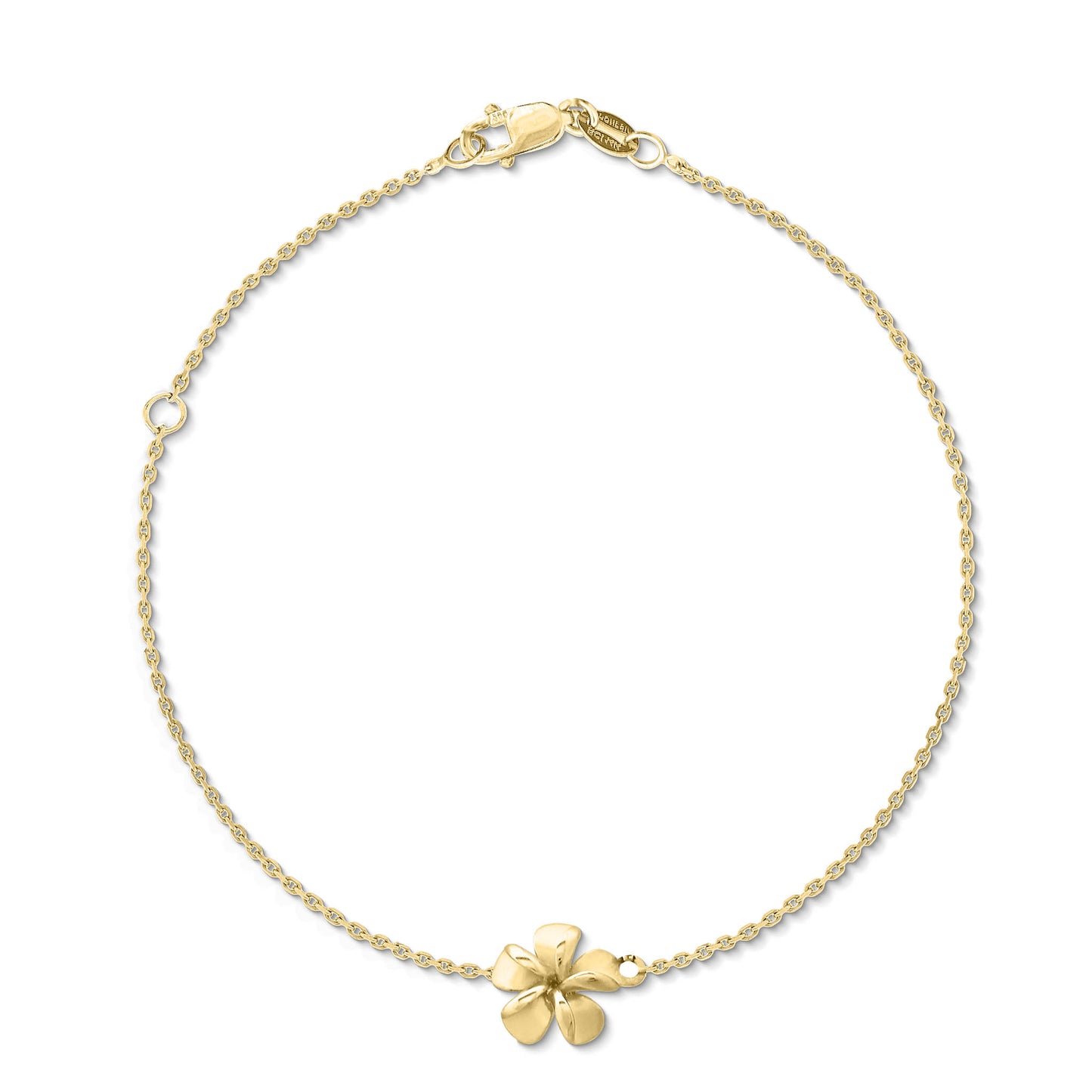 Children’s 14k yellow gold adjustable bracelet with a single plumeria flower charm on a delicate chain. Item No. 44455