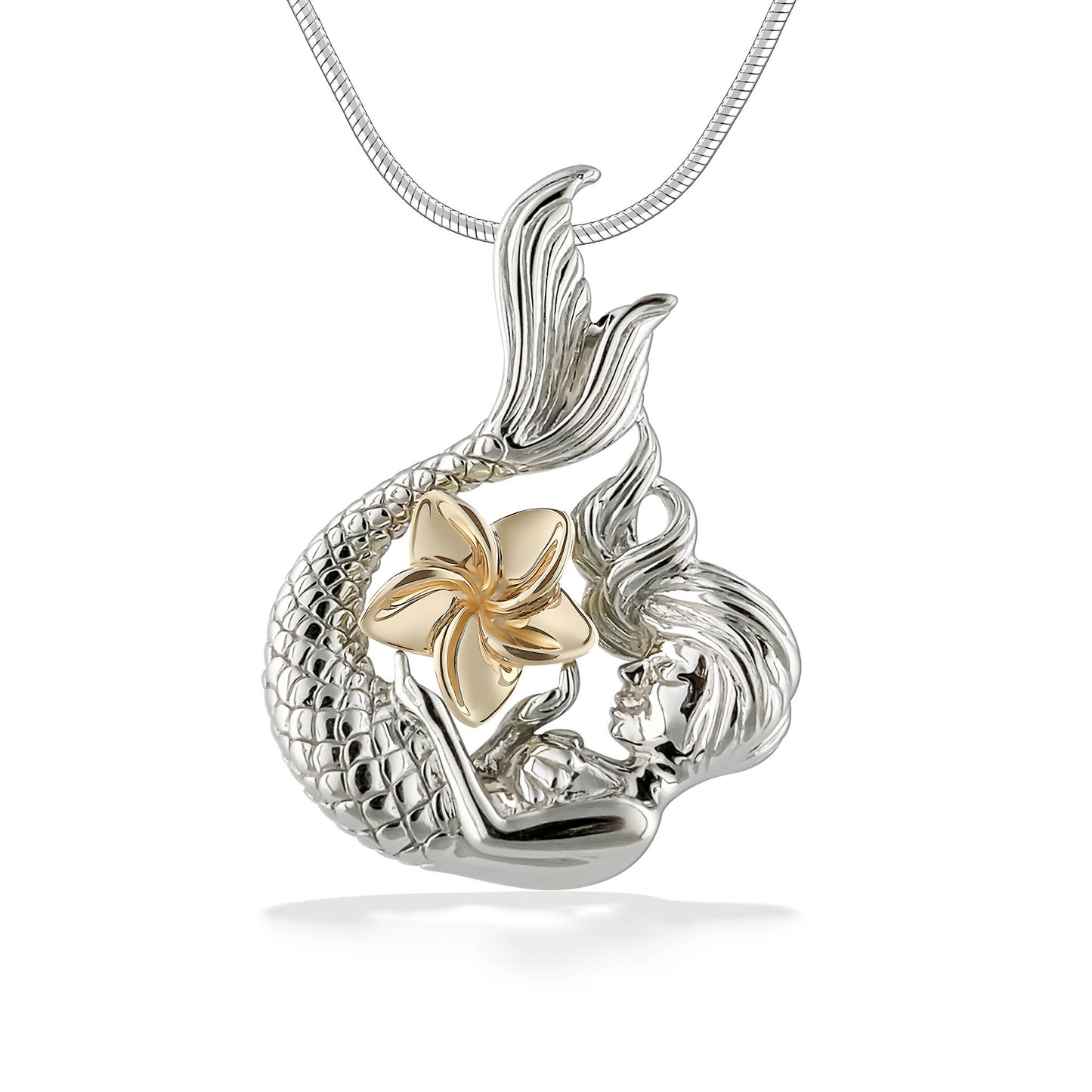 Realistic sterling silver mermaid pendant holding a 14k yellow gold plumeria flower on snake chain necklace. Item No. 44473