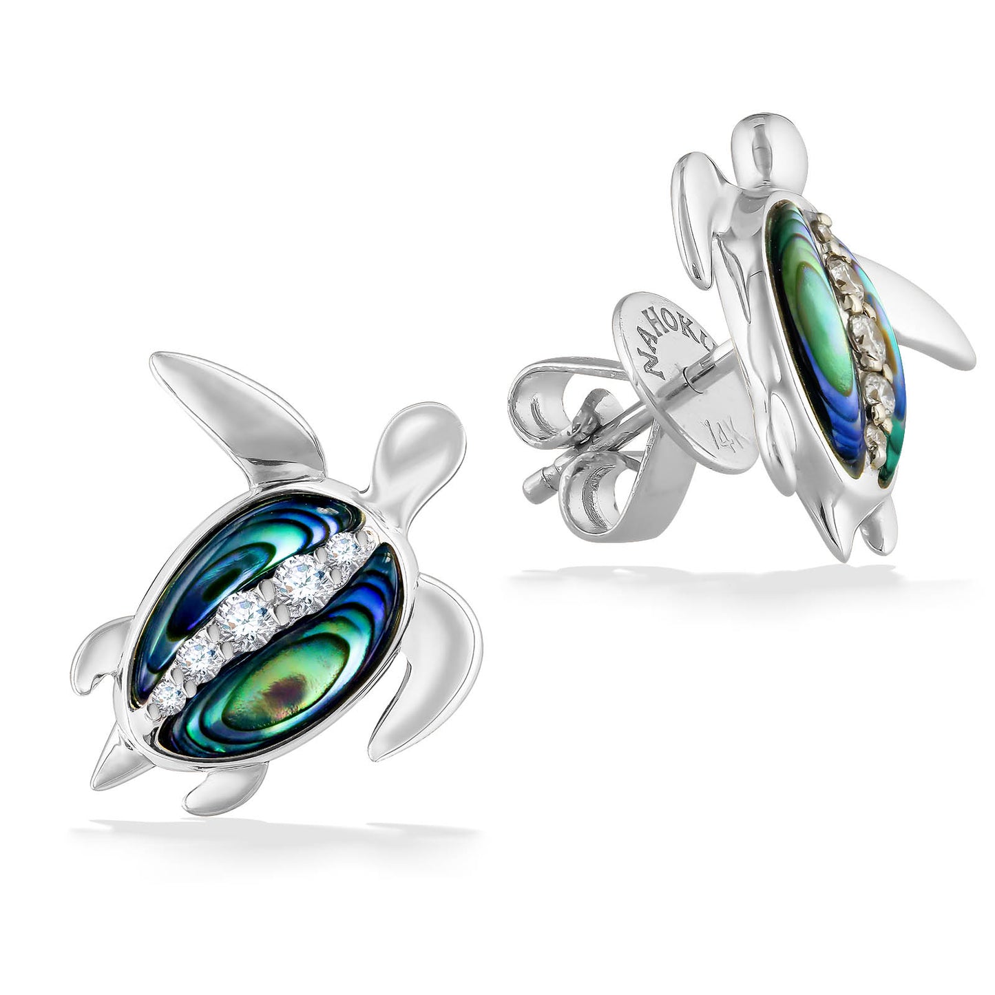 Honu earrings with right side tilted to show the type of earnut used with tradmark stamps. Item No. 44475