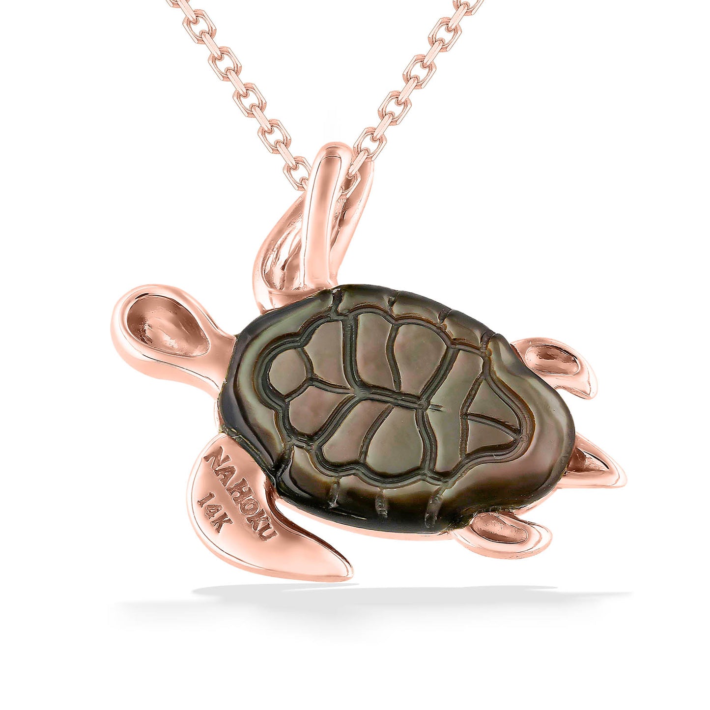 Back view of rose gold honu pendant showing carved black mother of pearl shell & trademark stamps on a fin. Item No. 44477