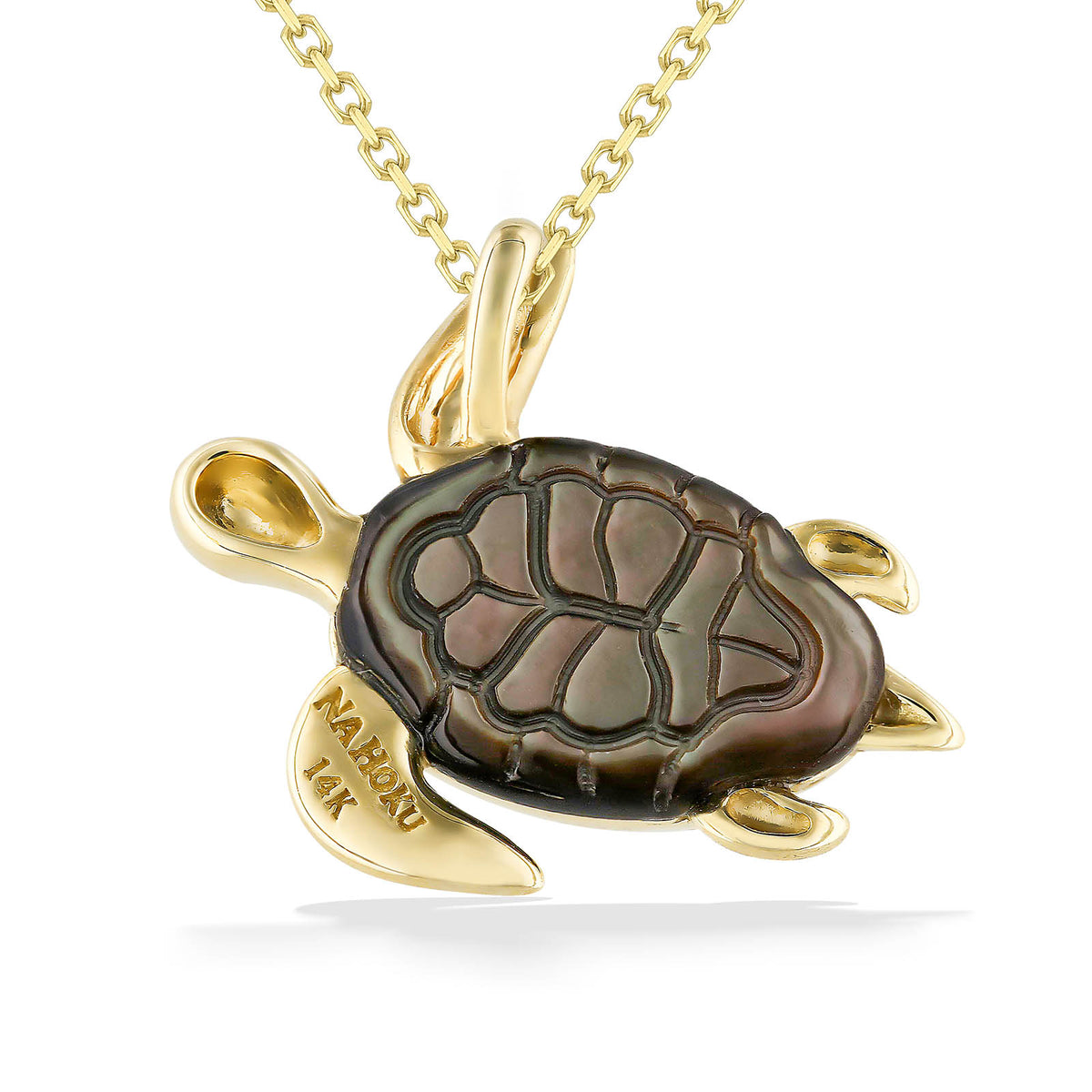 Underside view of the Honu pendant, highlighting the black mother of pearl belly with carved details. Item No. 44447