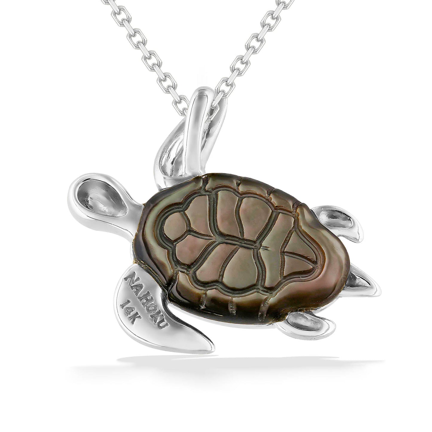 Backside view of the Honu pendant in 14K white gold, featuring a carved black mother of pearl belly. Item No. 44448