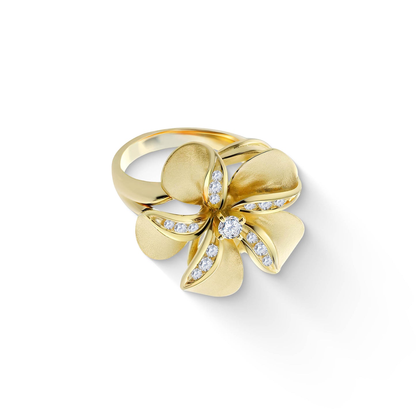 Elegant plumeria gold ring featuring pavé-set diamonds in a curved petal design & a diamond centerpiece. Item No. 44954