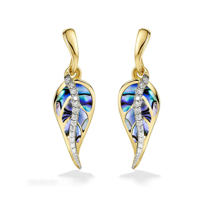 44482 - 14K Yellow Gold - Maile Leaf Abalone Dangle Earrings