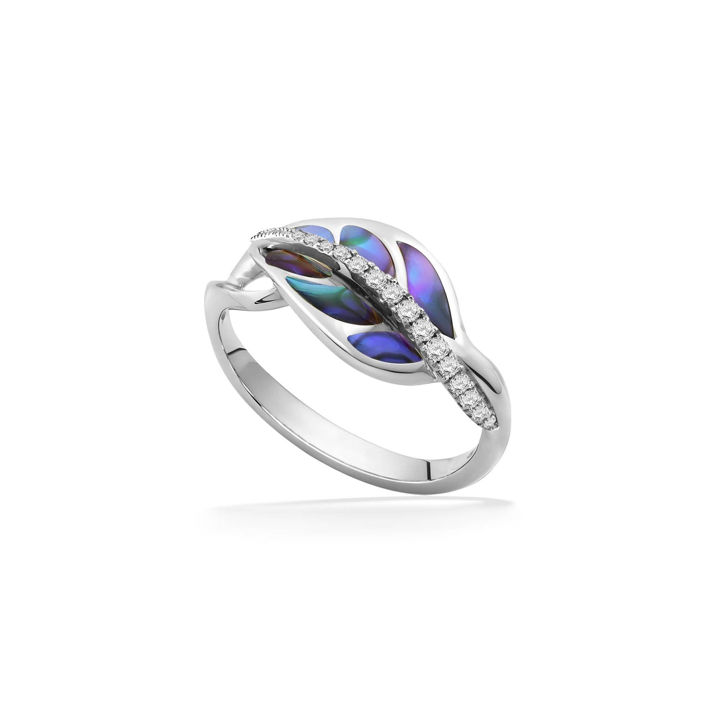 White gold maile leaf ring with an abalone inlay and diamond-lined accent in the center, set in 14K gold. Item No. 44489