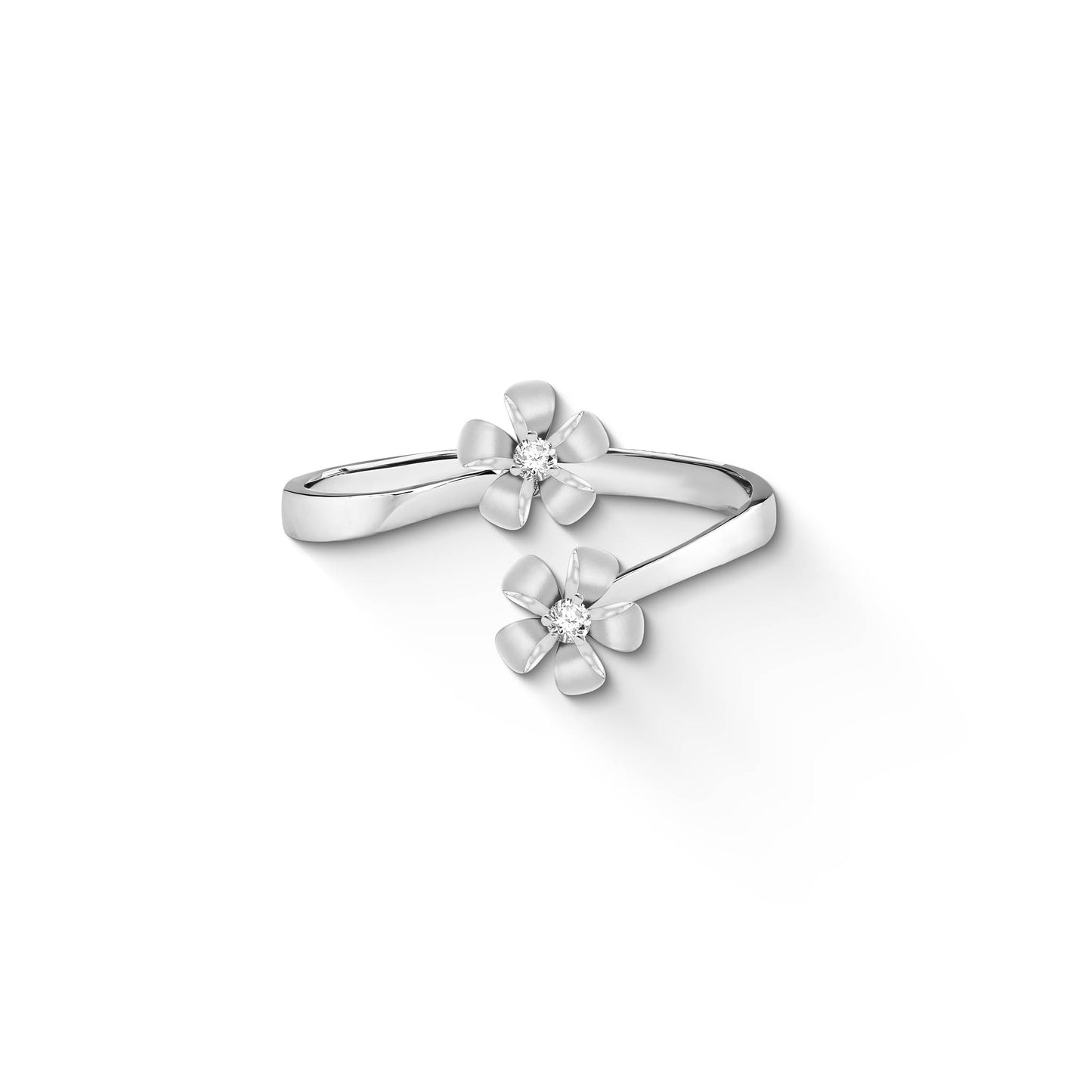 Elegant 14k white gold floral ring with two plumeria blooms and diamond centers, inspired by island beauty. Item No. 44468