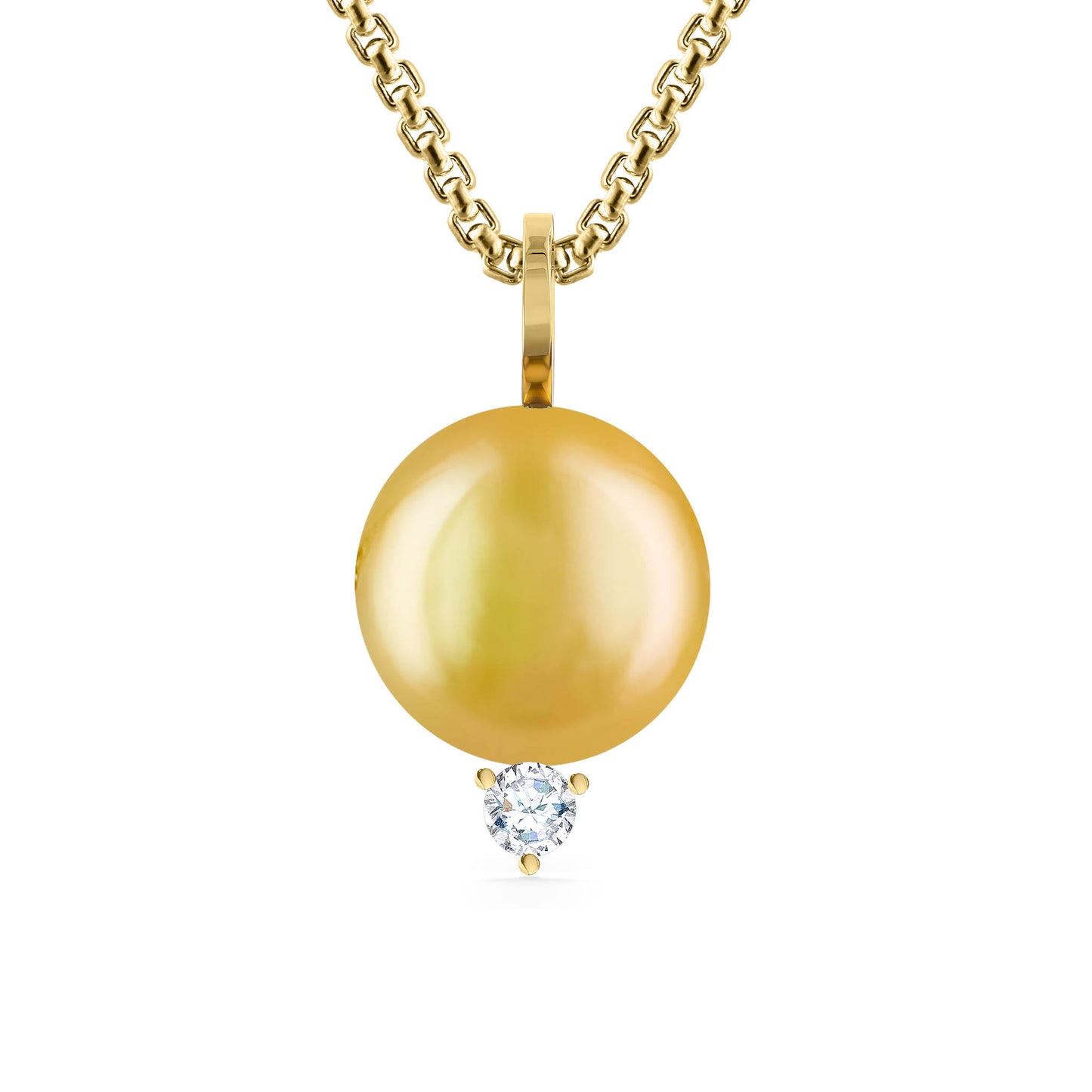 Bold 13mm Golden South Sea pearl pendant accented by a brilliant round diamond on 18 inch yellow gold chain. Item No. 44588