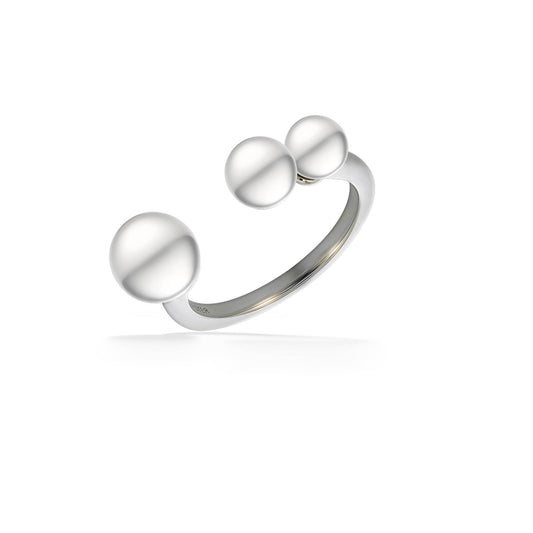 Top down view of Sterling Silver White Freshwater Three Pearl Open Ring. Item No. 44506