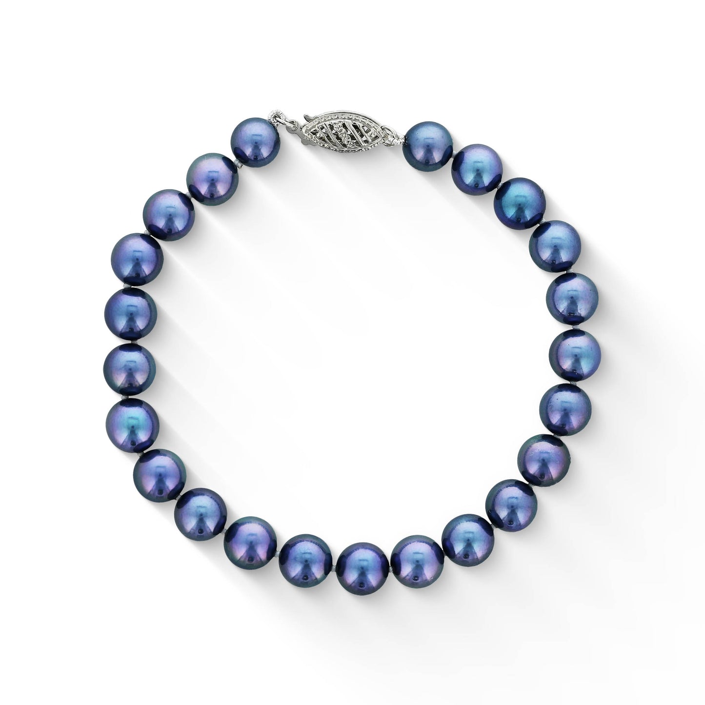 Blue pearl bracelet featuring 6.5-7mm round Akoya pearls and a 14K white gold clasp, measuring 7 inches long. Item No. 773172