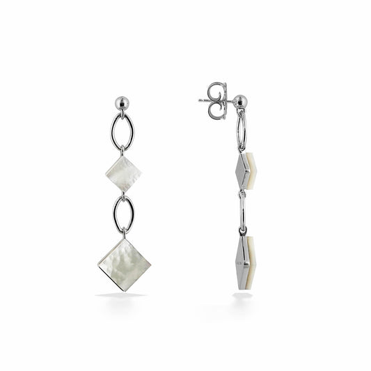 Front and side view of mother of pearl dangle earrings showing linked design and drop length. Item No. 44534