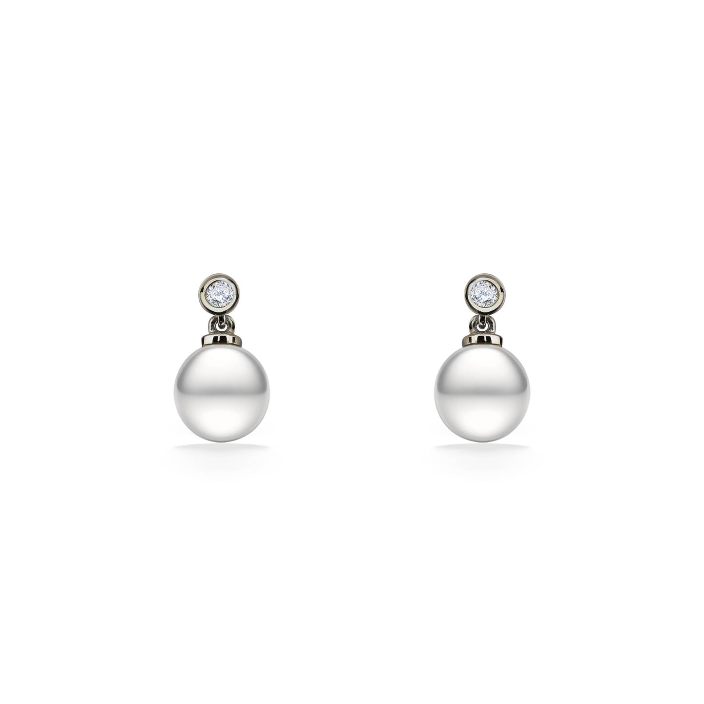 Drop earrings with white freshwater pearls beneath round white sapphires in a sterling silver bezel setting. Item No. 44537