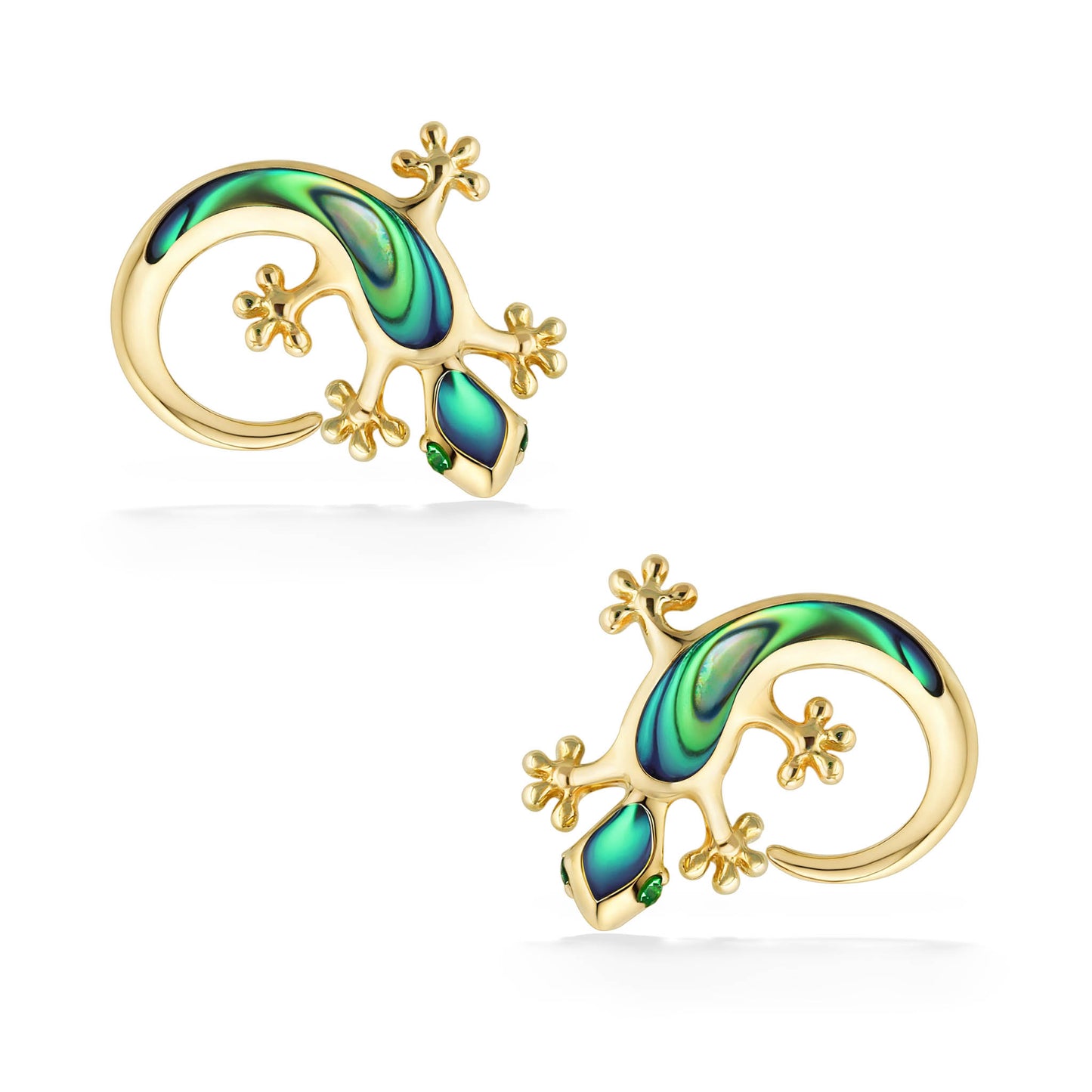 Front view Gecko shaped stud earrings with Abalone inlay & Tsavorite eyes. Set in 14K Yellow Gold. Item No. 44570