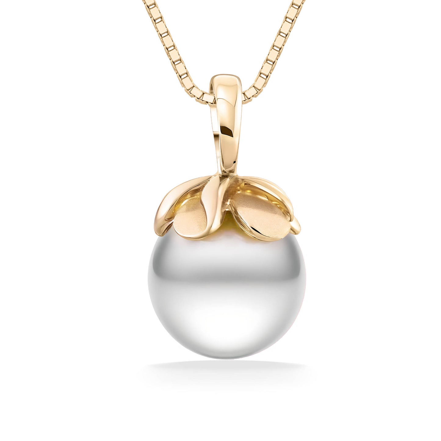 White akoya pearl (7mm) set in a 14K yellow gold Plumeria bail & hanging from gold chain. Item No. 44590