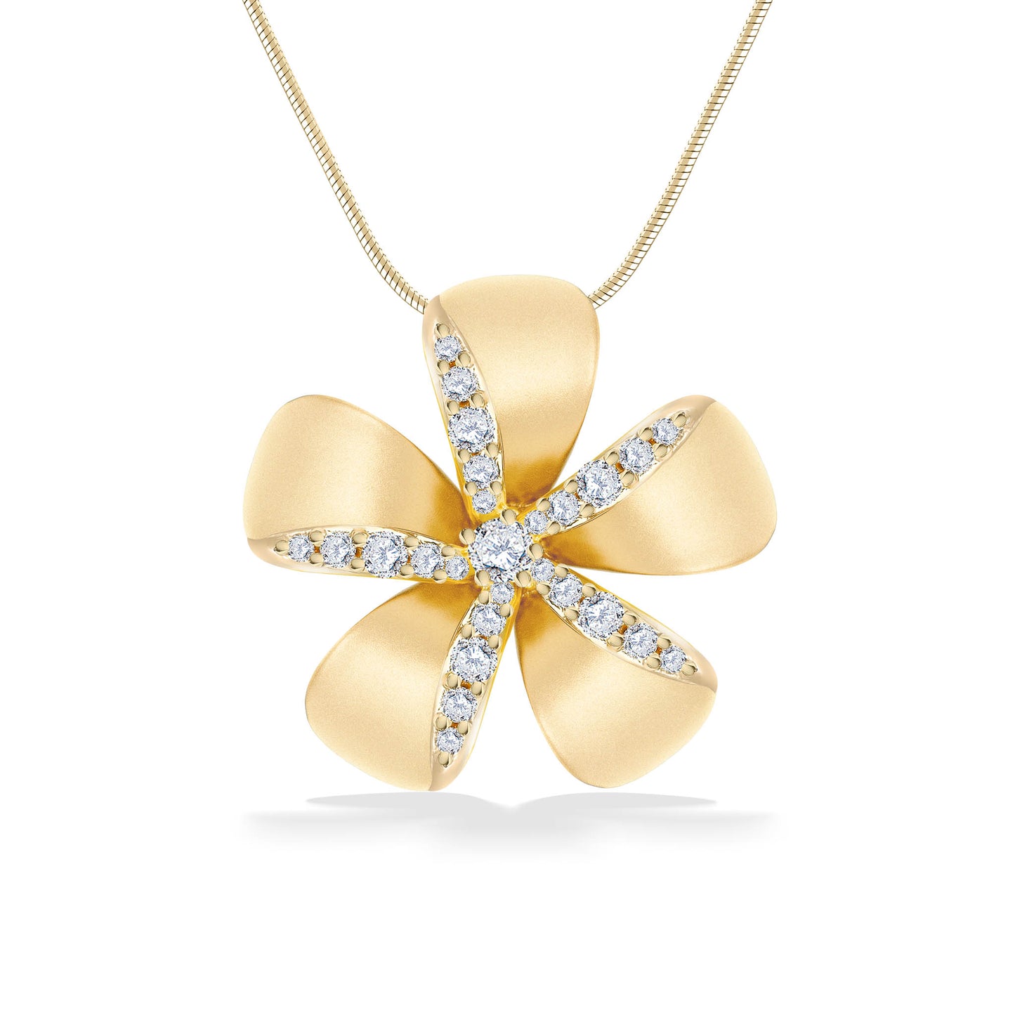 Plumeria Pendant in 14K Yellow Gold with pavé diamonds lining up the side of the petals and a center diamond. Item No. 44553
