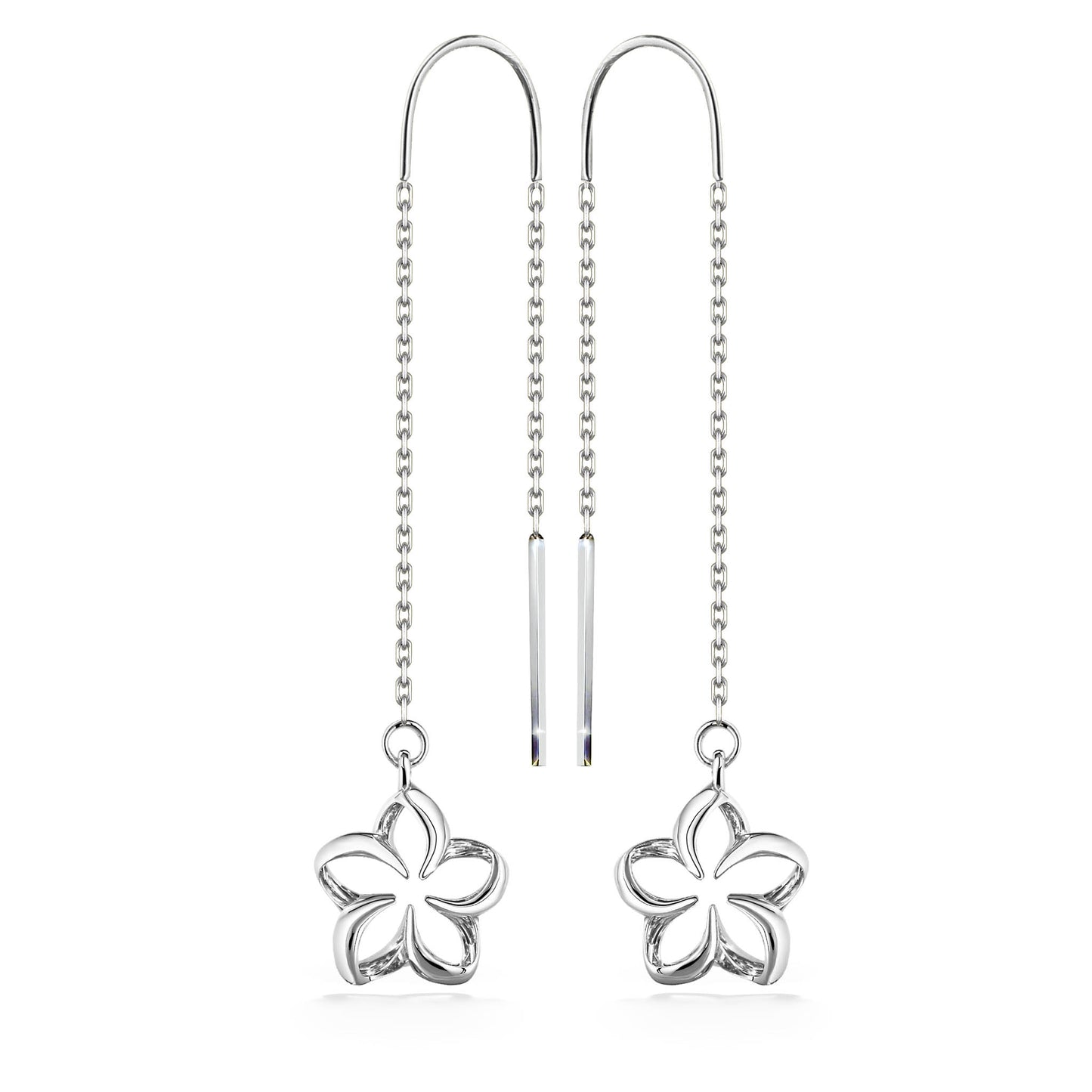 Delicate threader earrings made in 14K white gold with outlined floating plumeria charms. Item No. 44565