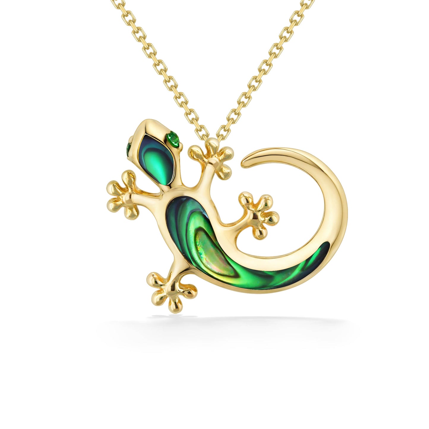 Gecko pendant made in 14k yellow gold with abalone inlay body and head, and tsavorite eyes. Item No. 44571