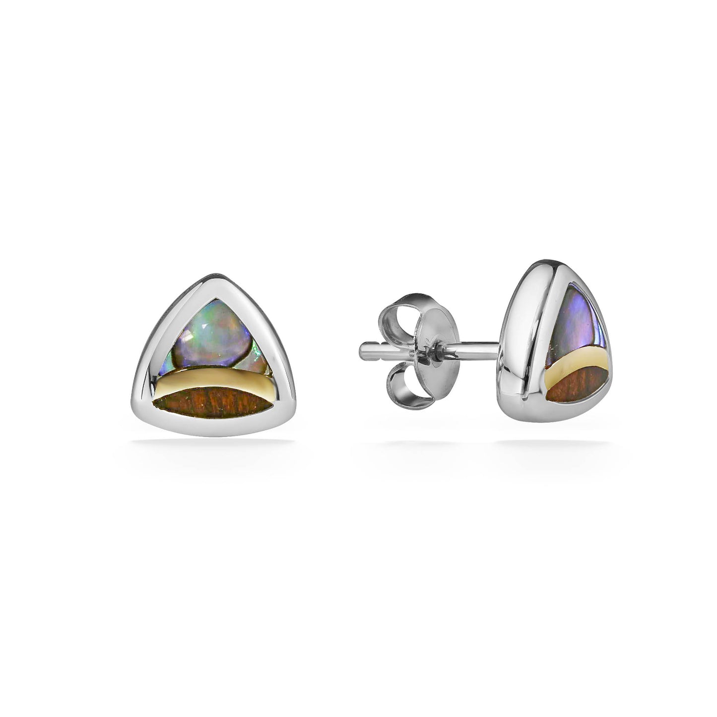 Side angle of trillion stud earrings with koa wood & abalone inlay set in sterling silver & yellow gold accent. Item No.44578