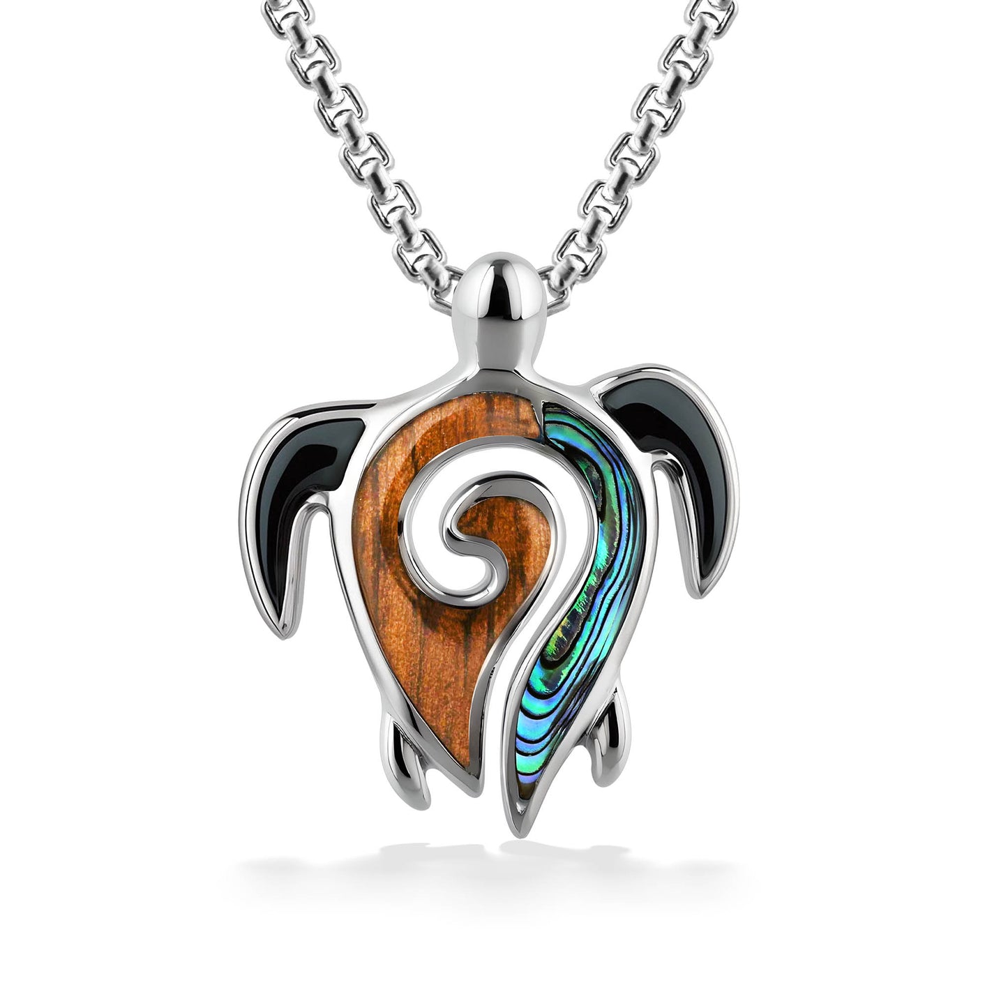 A polished sea turtle pendant featuring black enamel front flippers with a koa wood and abalone shell inlay. Item No. 44581