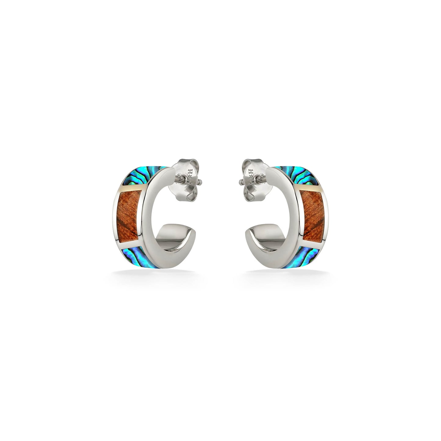 Half hoop earrings with abalone and koa wood inlay set in sterling silver with smooth curved design. Item No. 44615