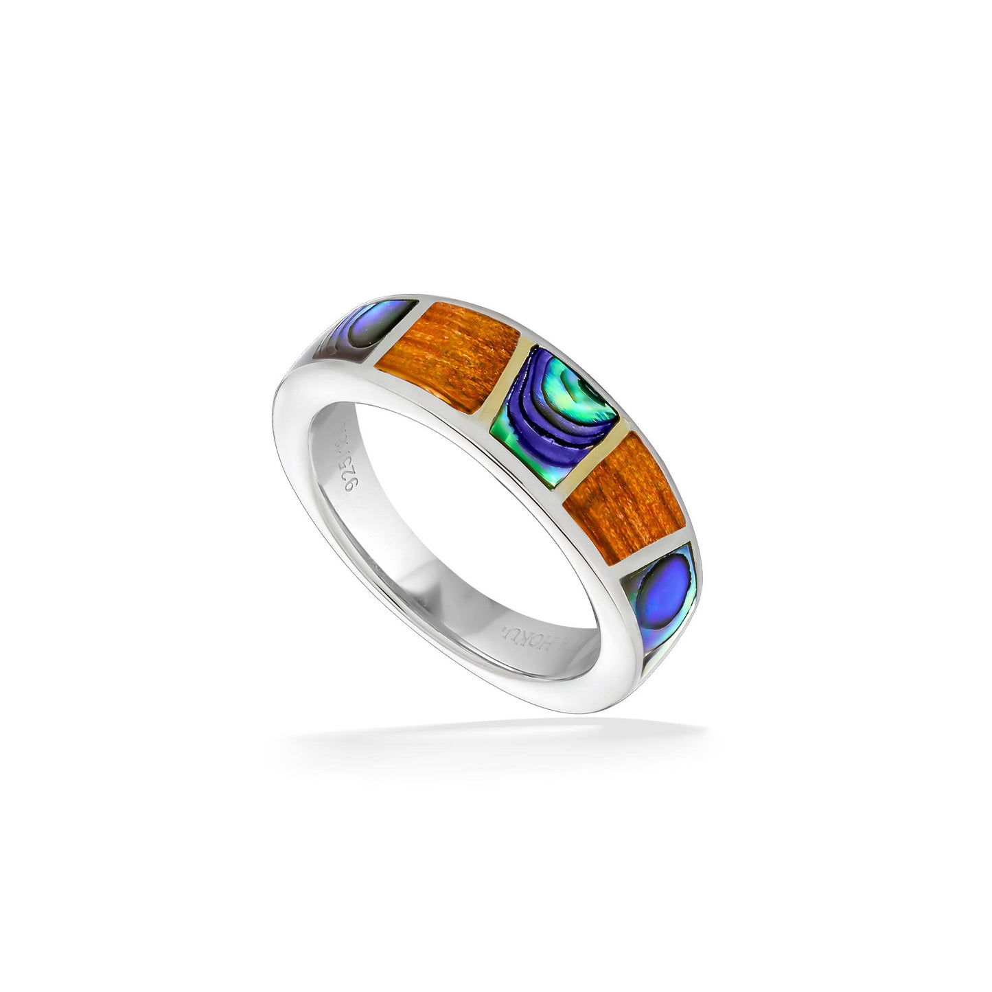 Angled view of sterling silver ring with koa wood and abalone inlay and polished band finish. Item No. 44595