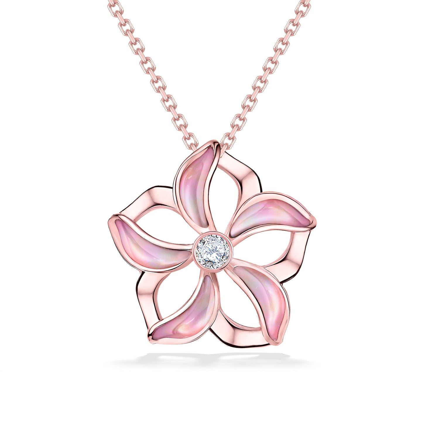 Elegant plumeria with hollow petals in rose gold lined with pink mother of pearl inlay & a center diamond. Item No. 44645