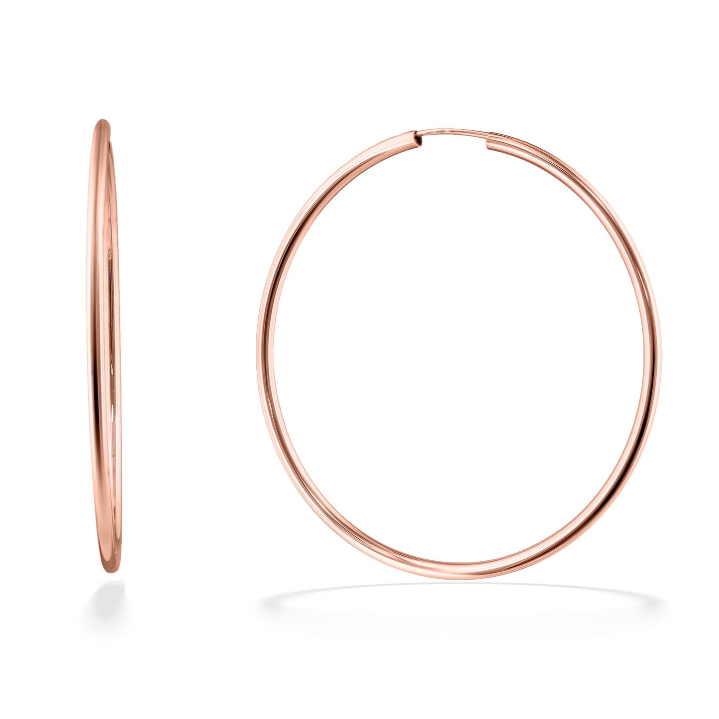 Front and side profile of rose gold endless hoop earrings showing thin curved shape and smooth finish. Item No. 773202