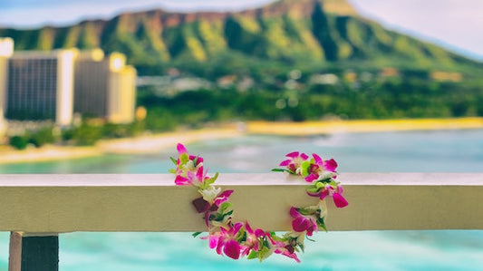 Flower Lei, Waikiki Beach and Diamond Head (Hawai'i) in background