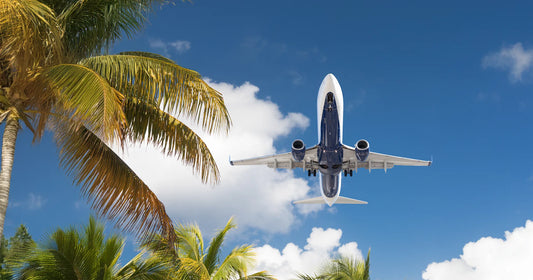 Plane flying in blue sky with clouds above palm trees