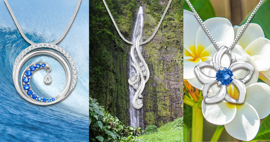 Three White Gold necklaces with blue and white gemstones against scenic backgrounds.