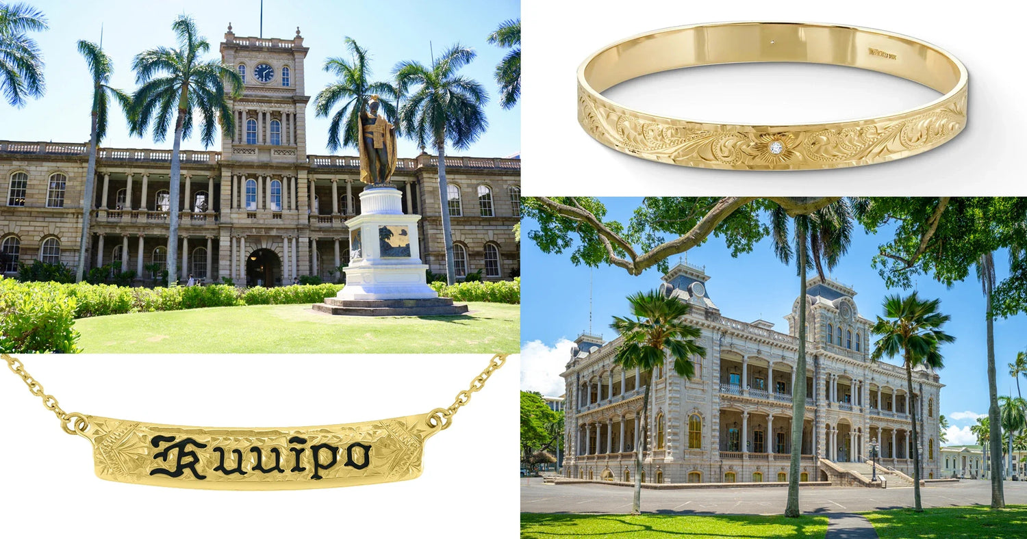 Collage: Iolani Palace, a gold engraved bangle with a diamond, and a gold "Ku'uipo" necklace.