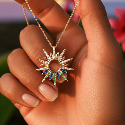 Close up of a hand holding the 14k solid gold Na Hoku Green Flash Sunset pendant, adorned with Opal, Tsavorites & Diamonds. Item 44747