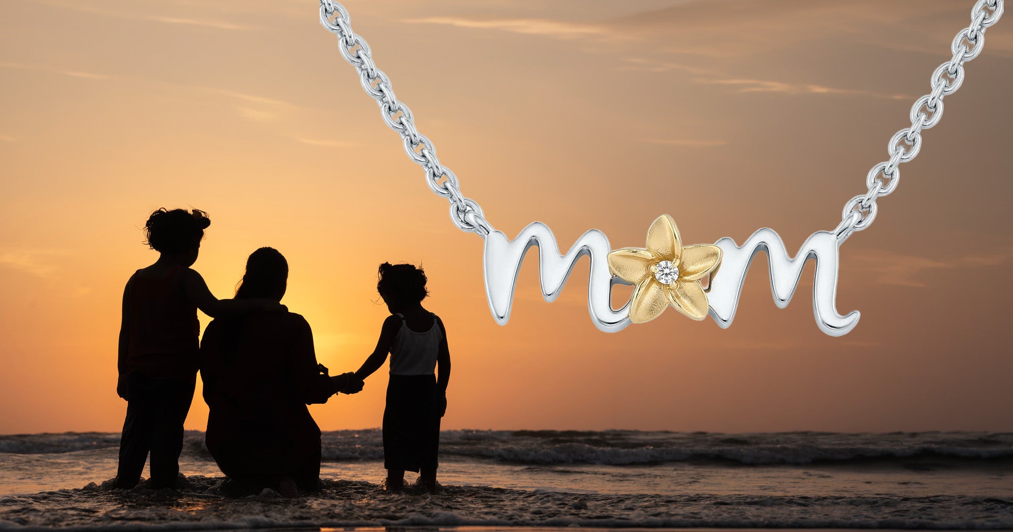 Silver "Mom" Necklace with gold plumeria; beach at sunset with silhouettes of a mom and two kids
