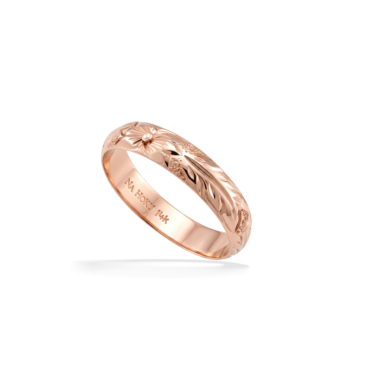 14K rose gold ring with an engraved flower maile scroll pattern. Item No 72927