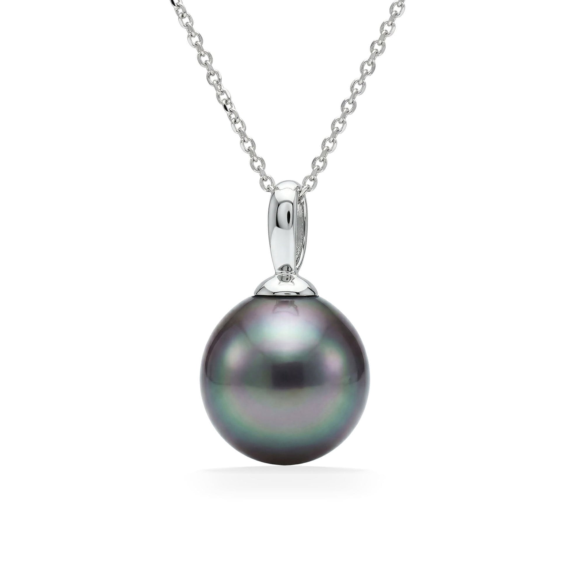 Elegant 14k white gold necklace with a single 9mm Tahitian pearl pendant on a smooth, polished bail. Item No. 40498