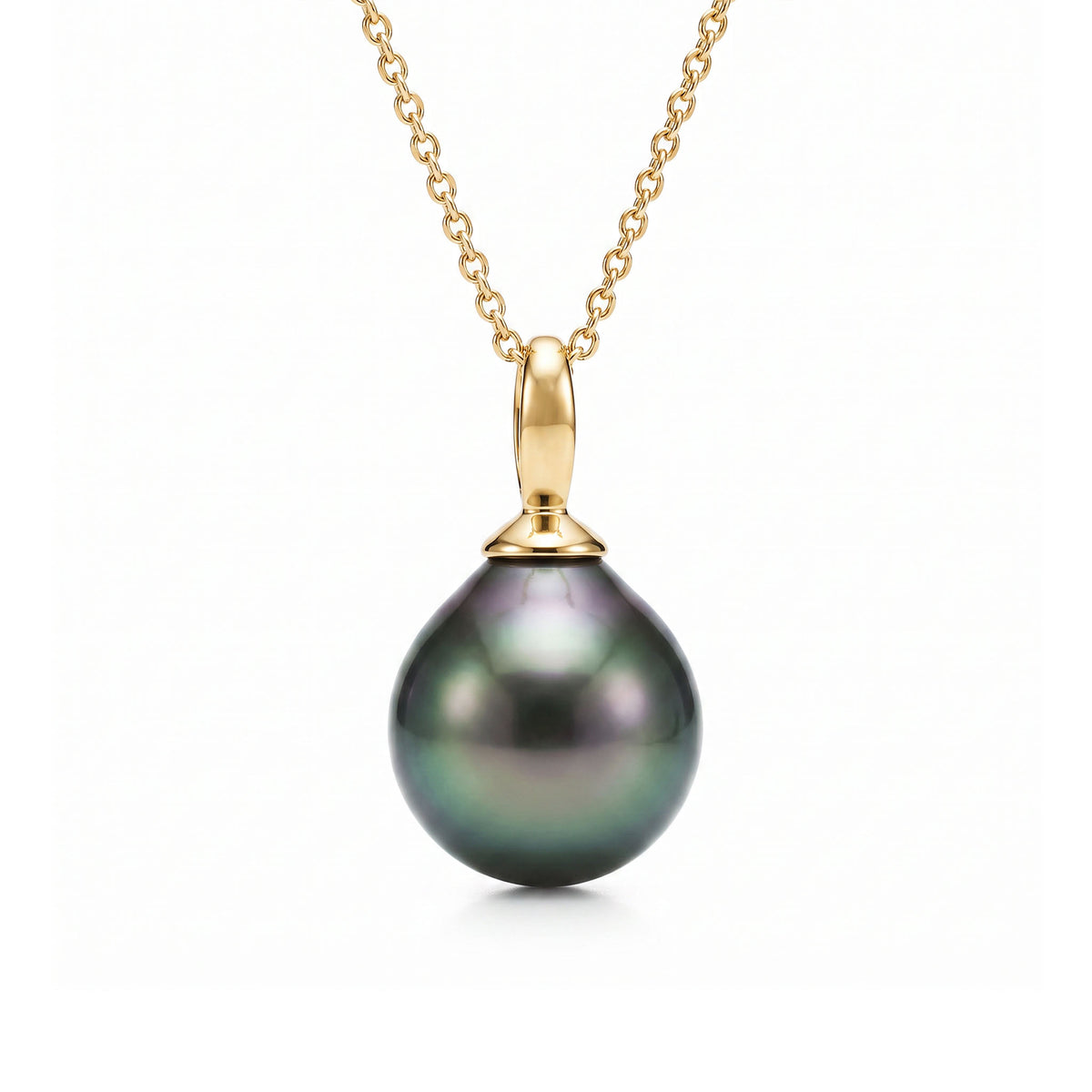 Minimalist 14k yellow gold chain featuring a single 9mm Tahitian pearl pendant for a timeless island look. Item No. 40499