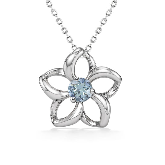 White gold floating plumeria motif with petals shaped like open arcs framing a 4mm aquamarine. Item No. 40032