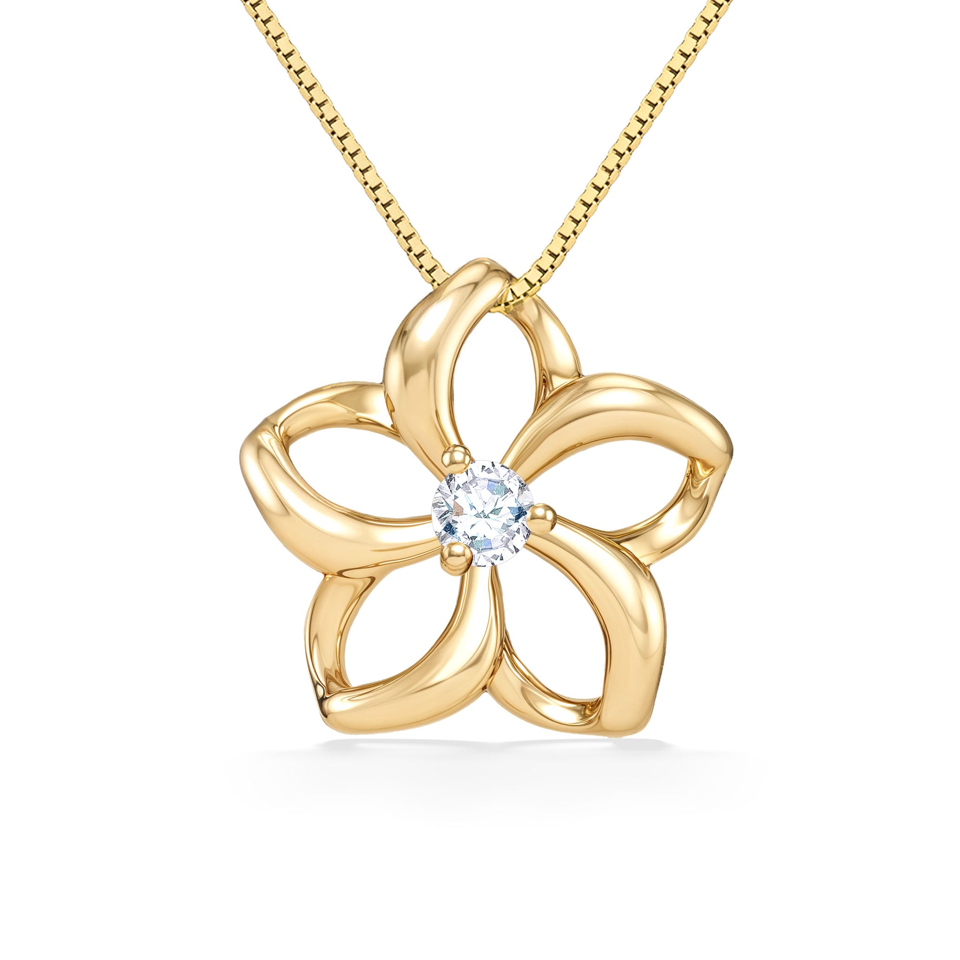 Elegant five-petal plumeria pendant with hollow petals, featuring a diamond nestled in the center. Item No. 40033